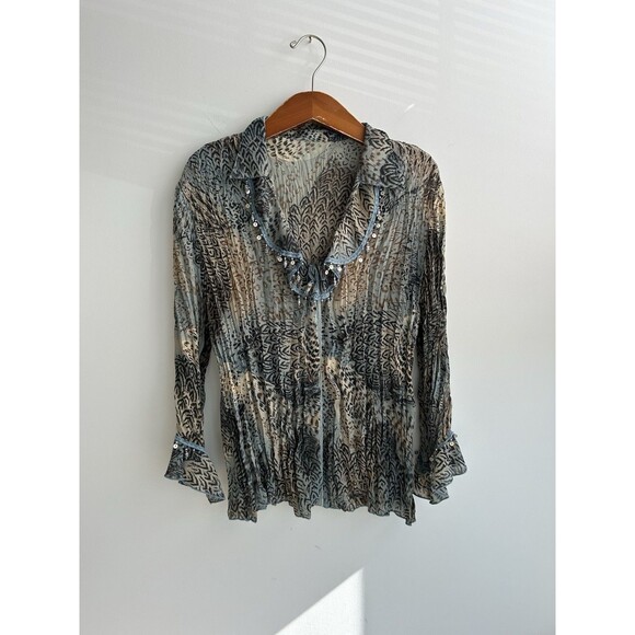 Vintage Y2K Pleated Fairy Button Up Sz M/L Bell Sleeve Cheetah Whimsy Sequins - Picture 6 of 10